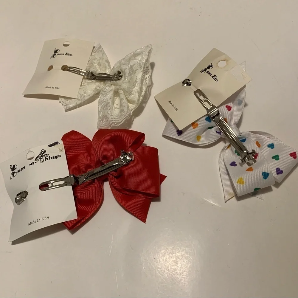 BOWS ETC. three vintage bow hair barrettes white lace red white hearts new
